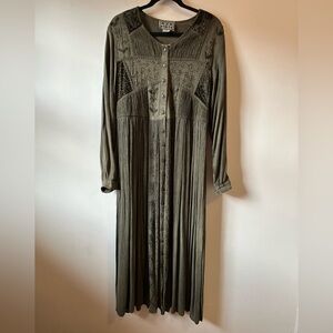 Vintage 90s Olive Green MPH Embroidered Button Front Maxi Dress Velvet Boho
